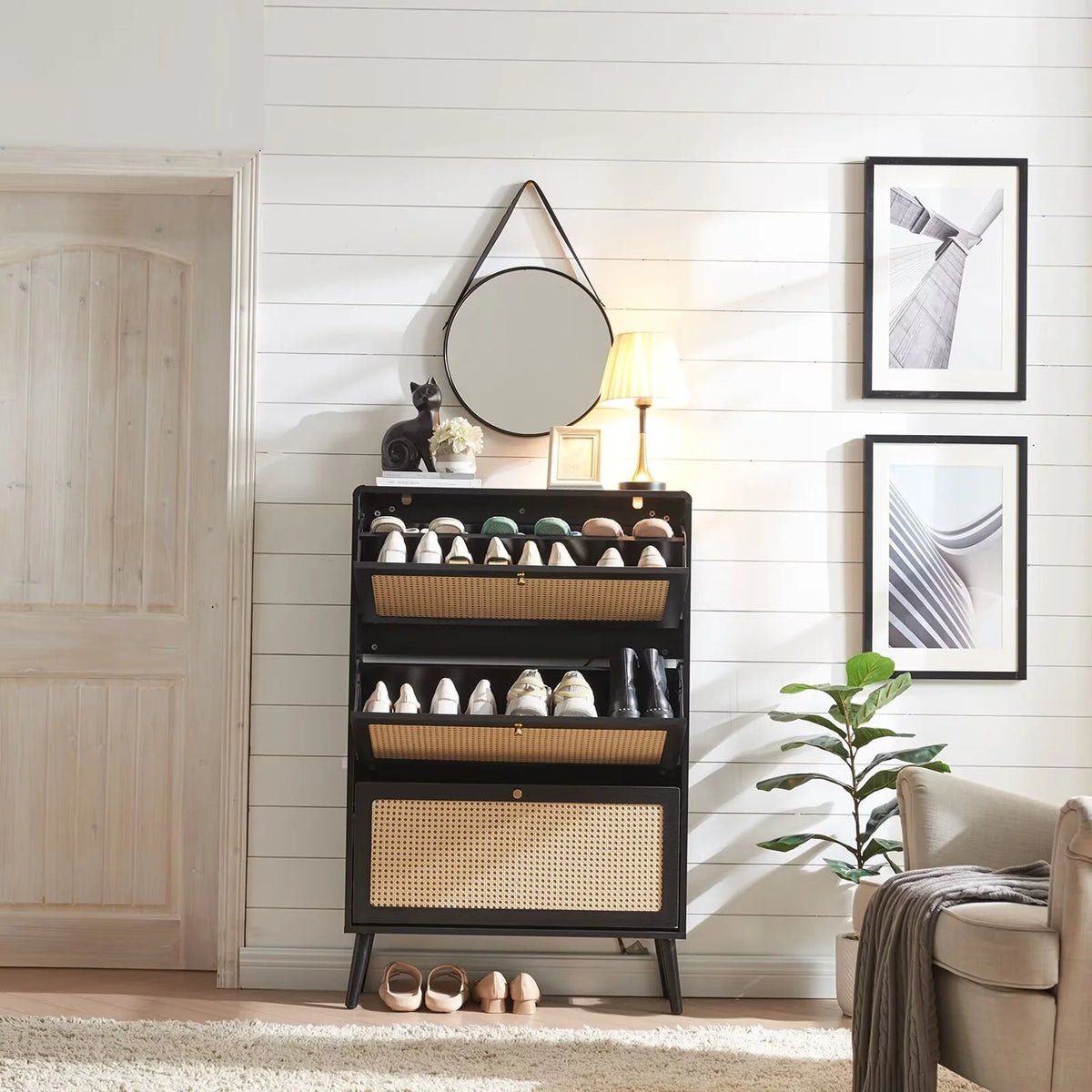 Black 3 Flip Drawer Rattan Shoe Storage Cabinet X52378