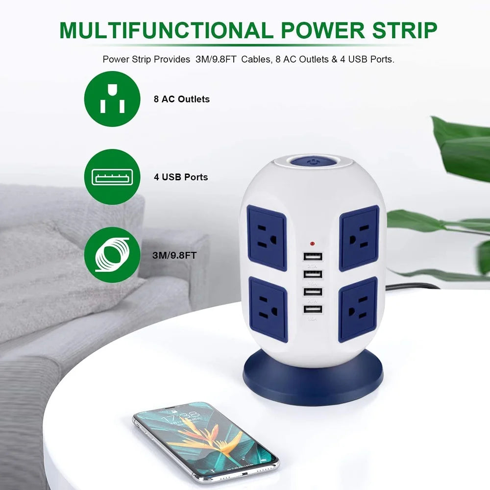 Multi Plug Charging Tower Surge Protector 8 AC Outlets 4 USB Port Power Strip Tower Extension Cord 3 Meters W9132