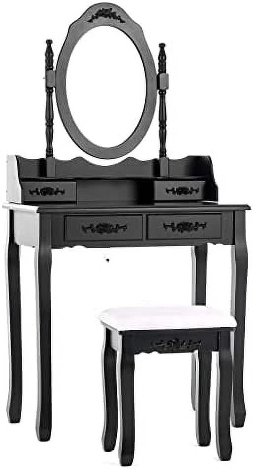 White 4 Drawer Vanity Table Set with Oval Mirror & Stool H346