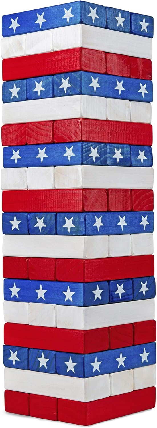 Large American Flag Tumbling Tower 54pc Wooden Toppling Blocks Stacking Yard Game with Storage Carry Bag O56348