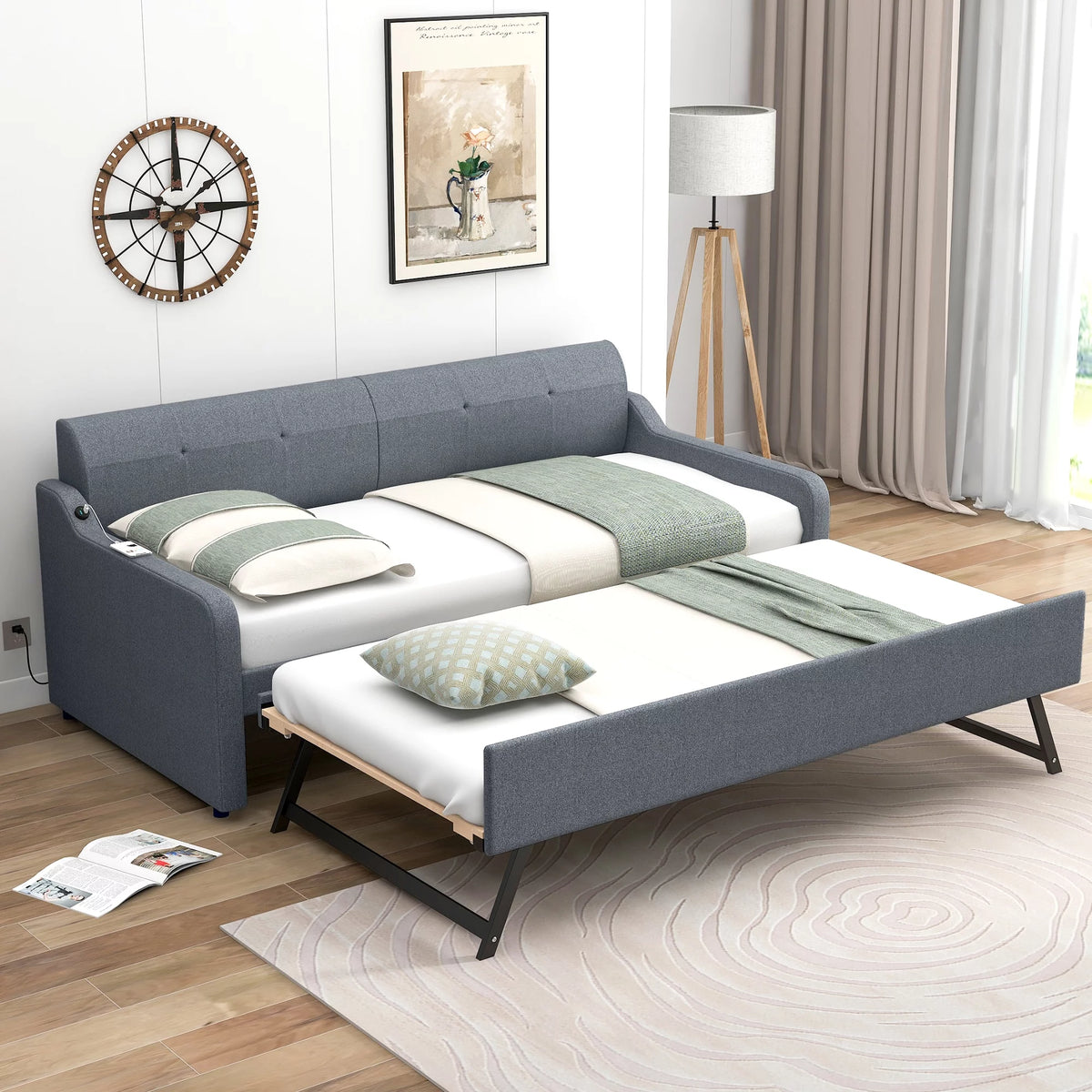 Gray Twin Size Upholstery DayBed with Trundle U323047