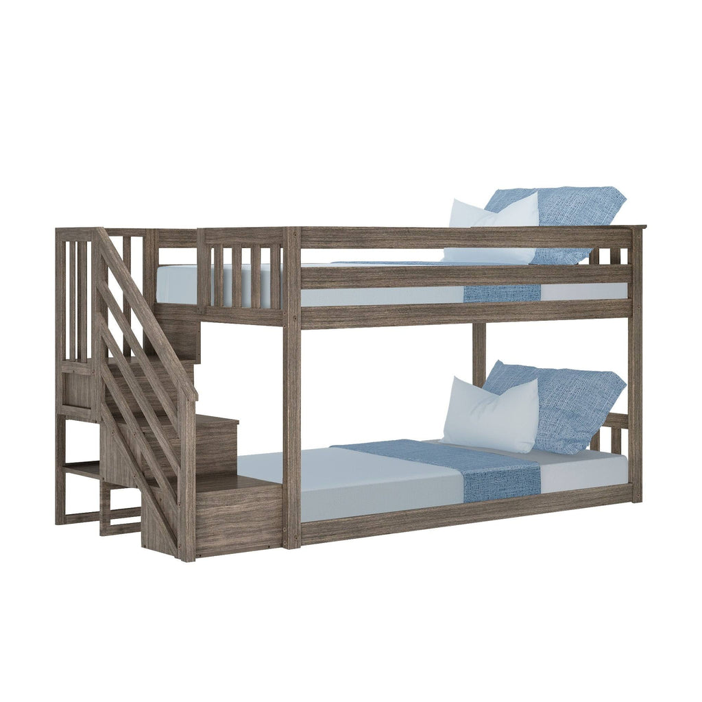Twin Low Bunk Bed with Staircase, White E19187