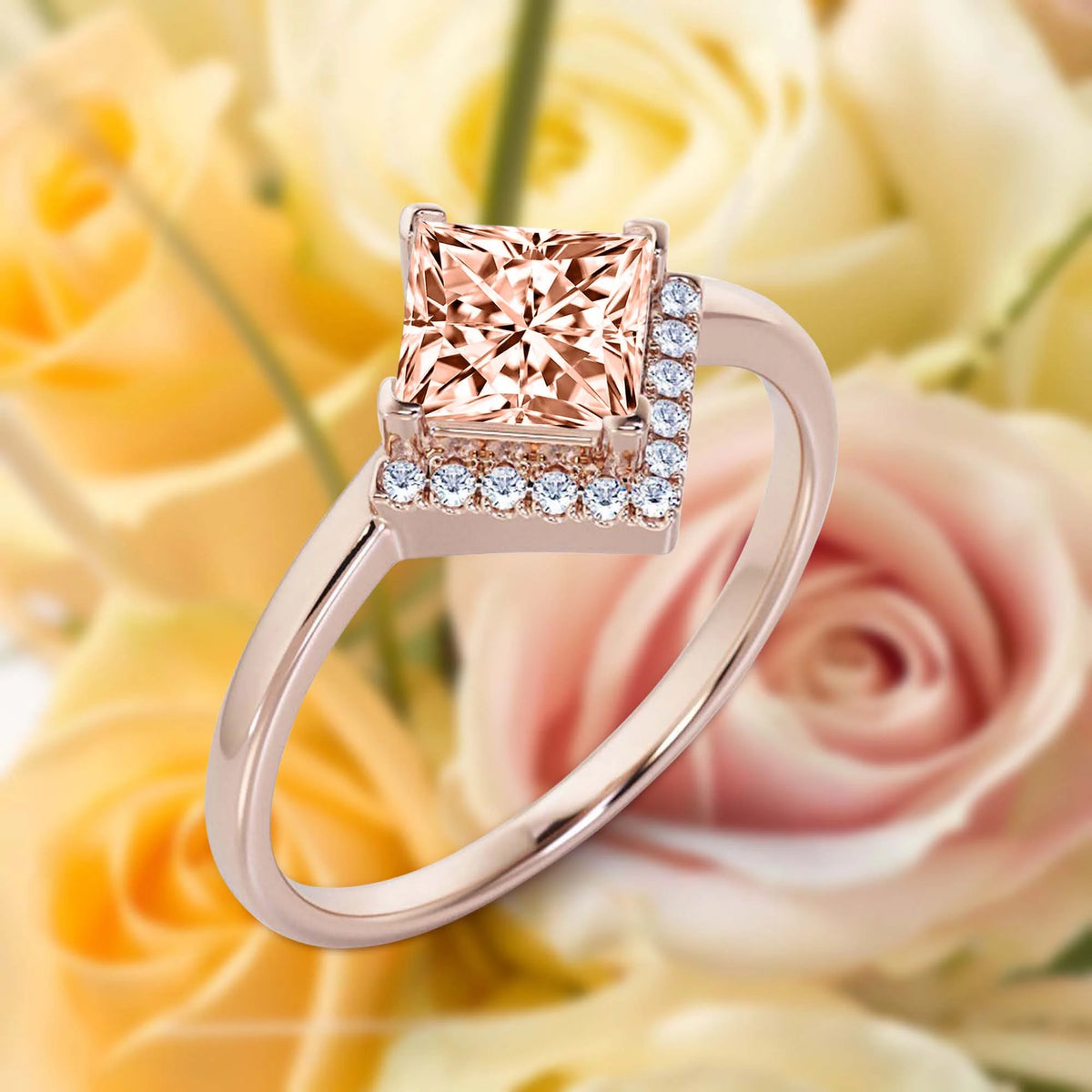 1.50 Carat Princess Cut Morganite And Diamond Moissanite Dainty Engagement Ring In 10K Solid Rose Gold M186