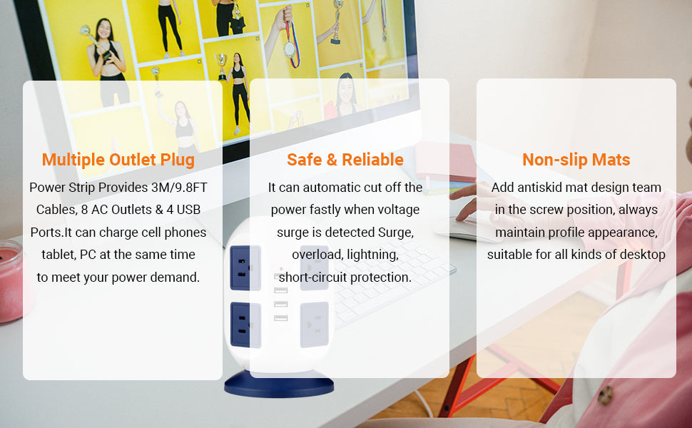 Multi Plug Charging Tower Surge Protector 8 AC Outlets 4 USB Port Power Strip Tower Extension Cord 3 Meters W9132
