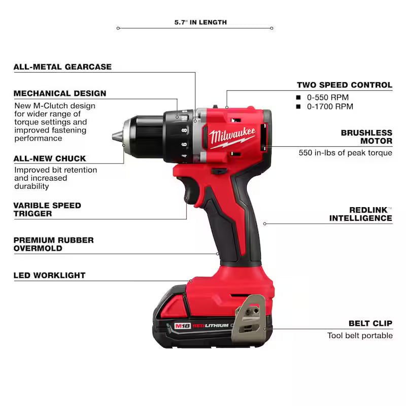 18V Lithium-Ion Brushless Cordless Compact Drill/Driver with Battery, Charger & Bag D491