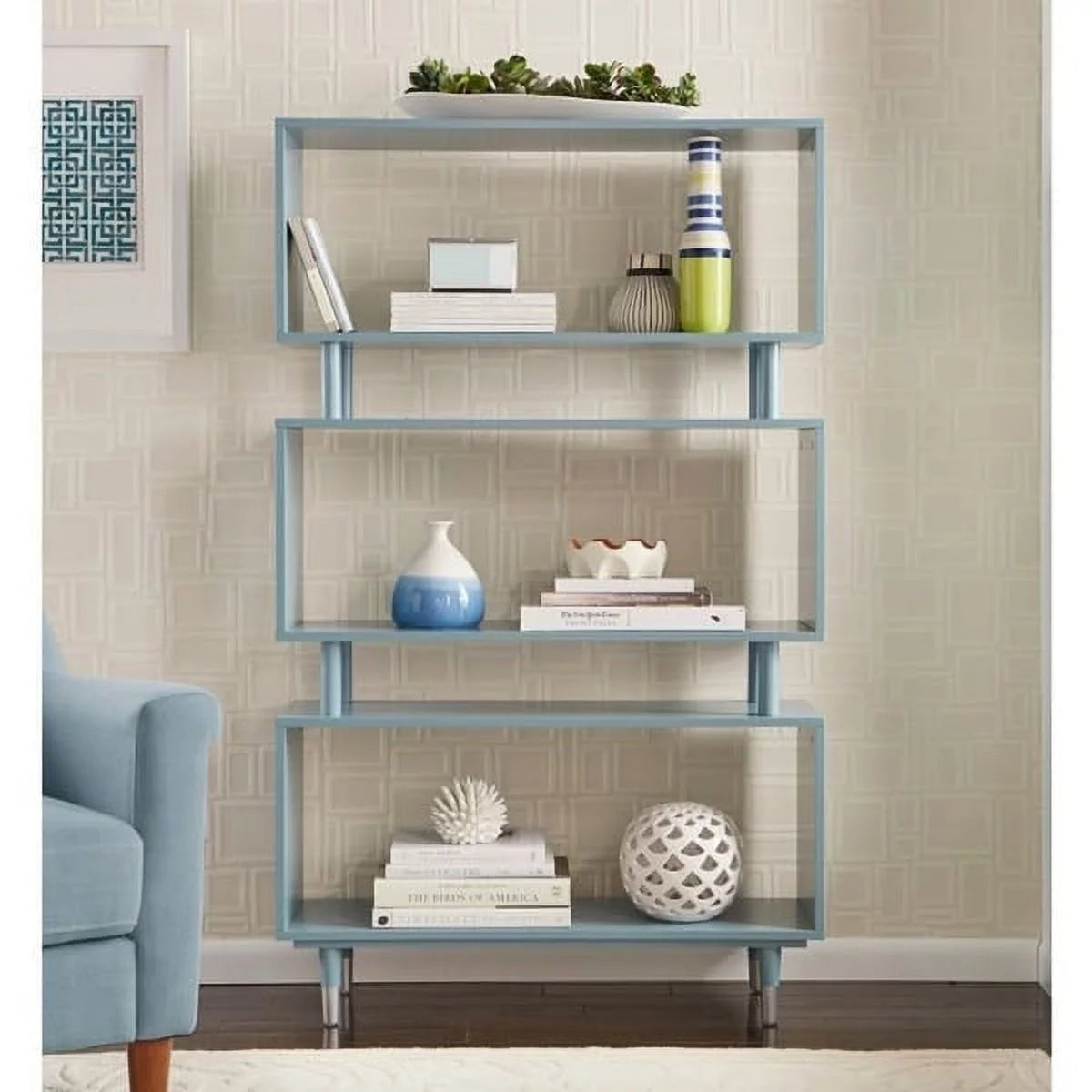 Mid-Century Modern 3-tier Bookshelf Antique Blue J90033