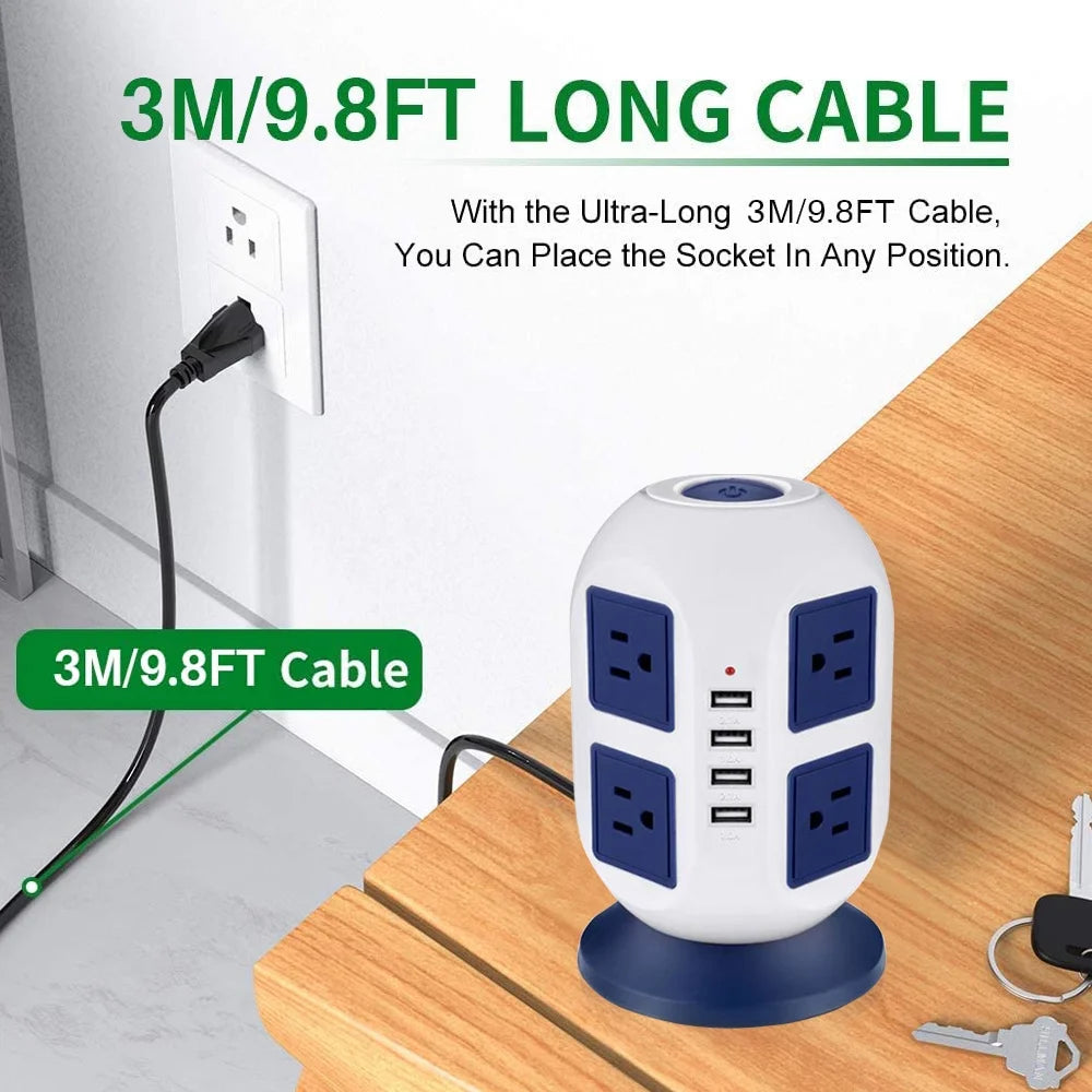 Multi Plug Charging Tower Surge Protector 8 AC Outlets 4 USB Port Power Strip Tower Extension Cord 3 Meters W9132