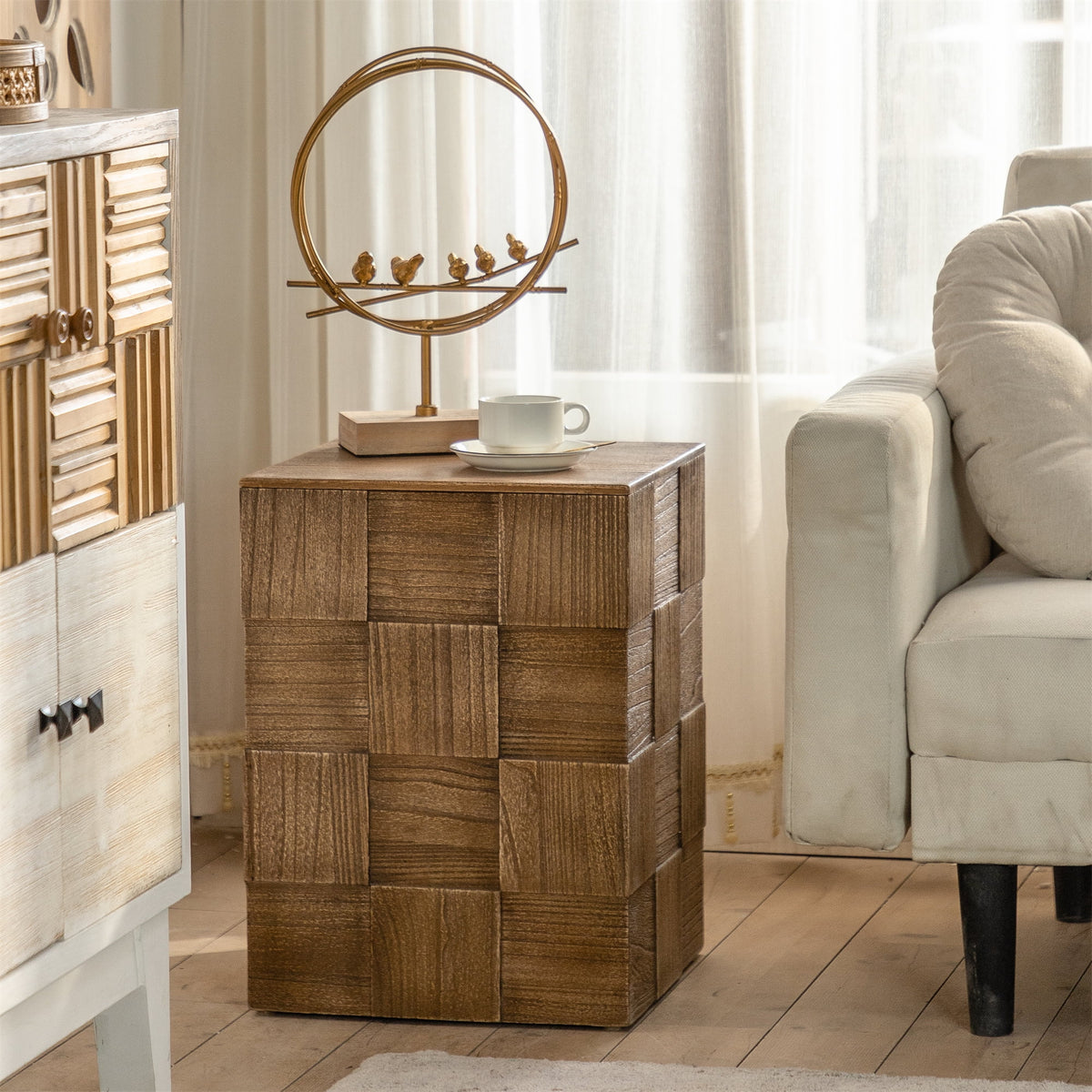 Vintage Solid Wood Square End Table with Storage T6440