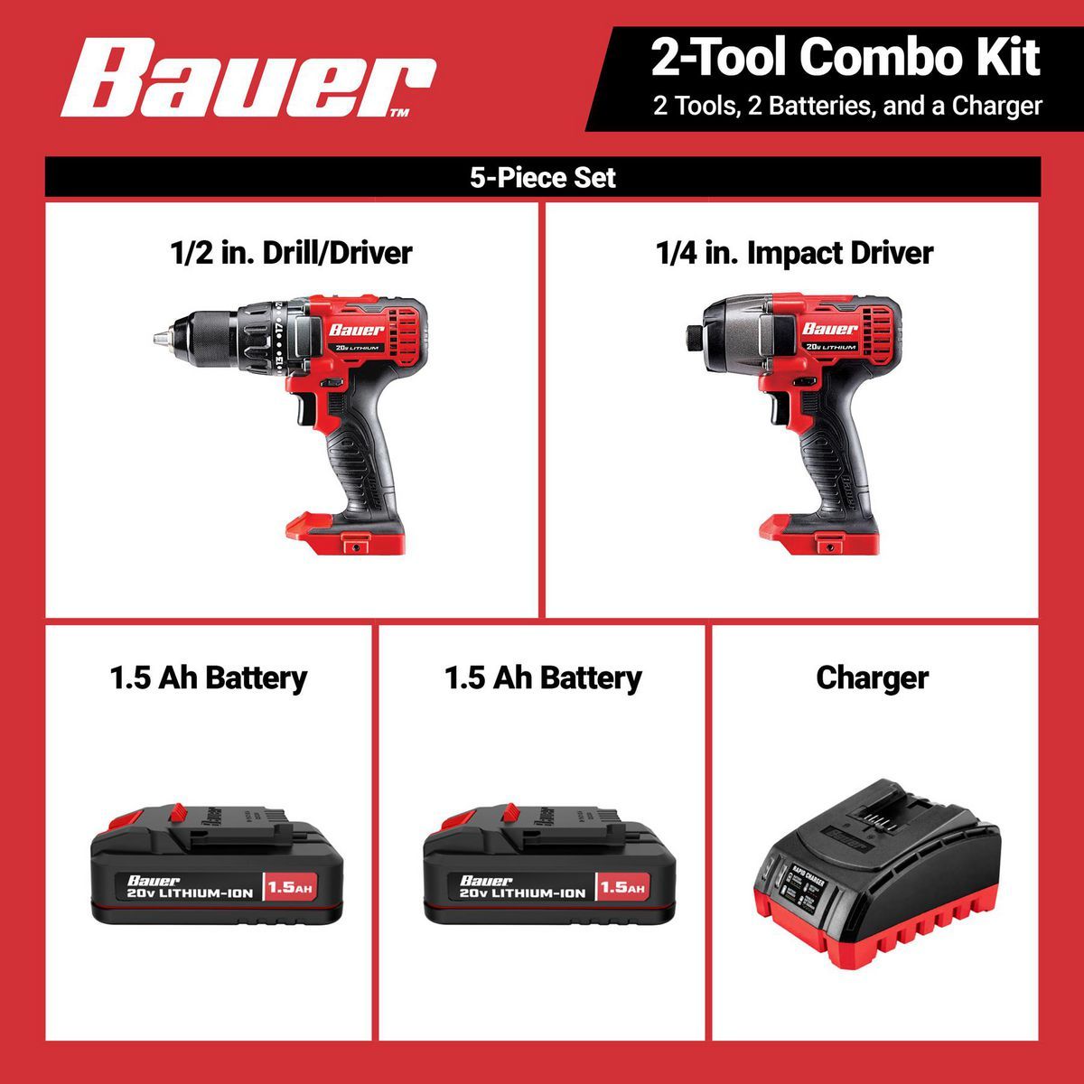 2-Tool Cordless Drill and Impact Driver Kit with 1.5 Ah Batteries and Charger T5218