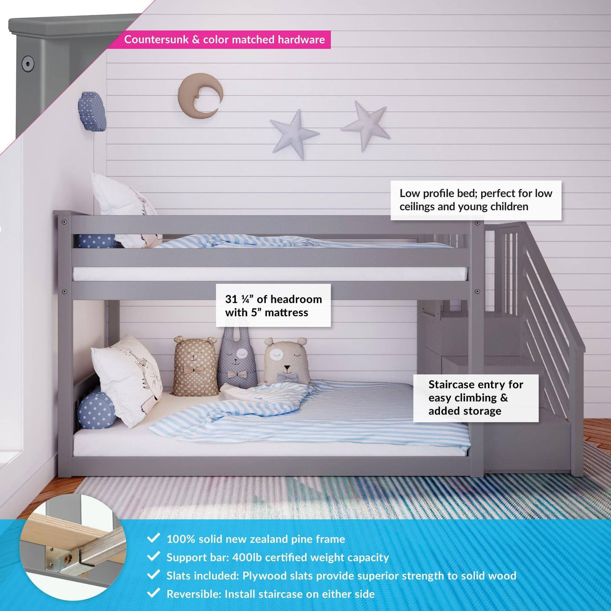 Twin Low Bunk Bed with Staircase, White E19187