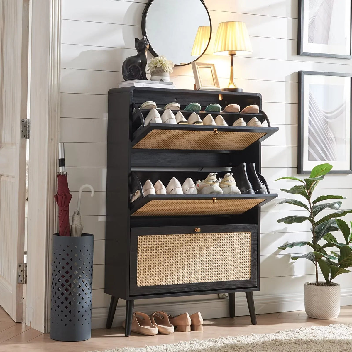 Black 3 Flip Drawer Rattan Shoe Storage Cabinet X52378