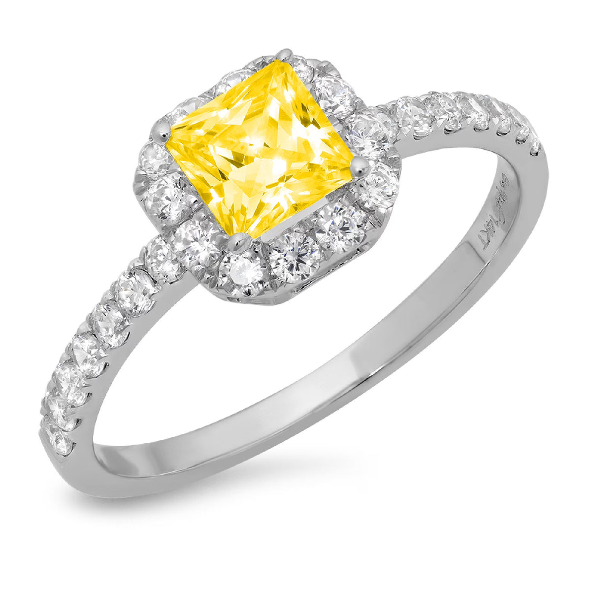 Princess Cut Yellow Simulated Diamond 14k White Gold Halo Ring Size 7.5 H6083