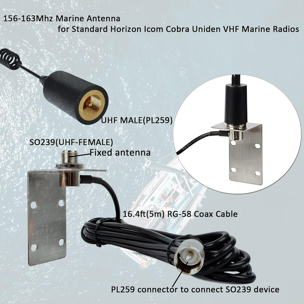 VHF Band Marine Antenna with Stainless Steel L-Bracket & RG-58 Coax Cable, Pack of 2 E858628