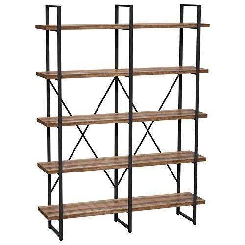Double Wide 5-Tier Open Bookcase Wood and Metal Shelves L121