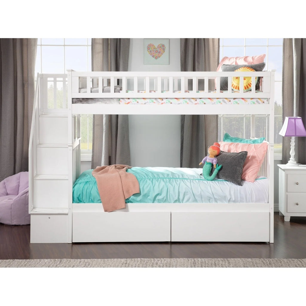 White Twin over Twin Bunk Bed with 2 Bed Drawers U812