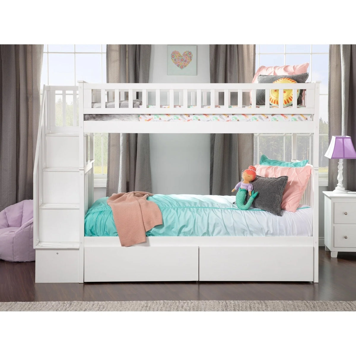 White Twin over Twin Bunk Bed with 2 Bed Drawers U812