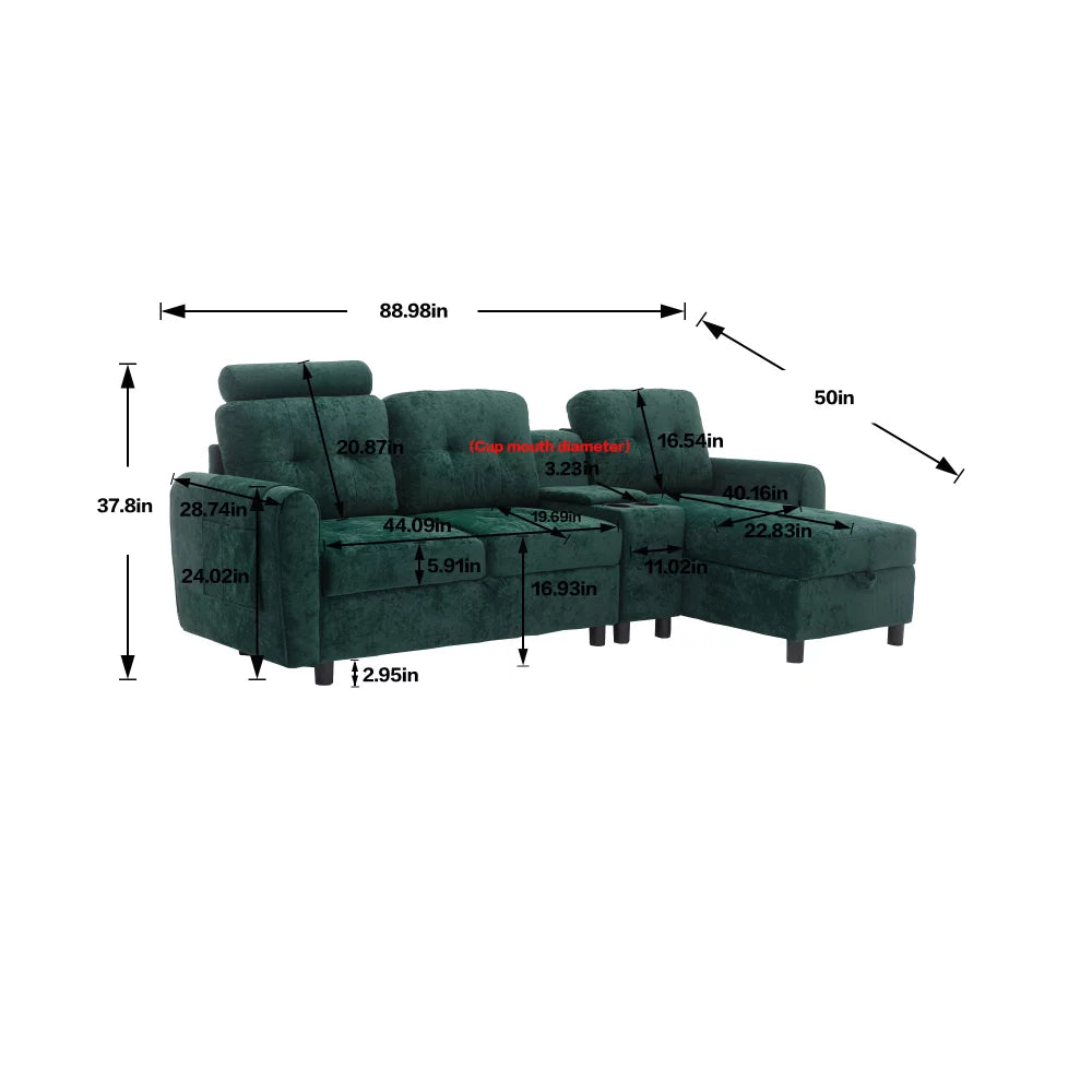 3-Seater Sectional Sofa with Storage and Cup Holders B819