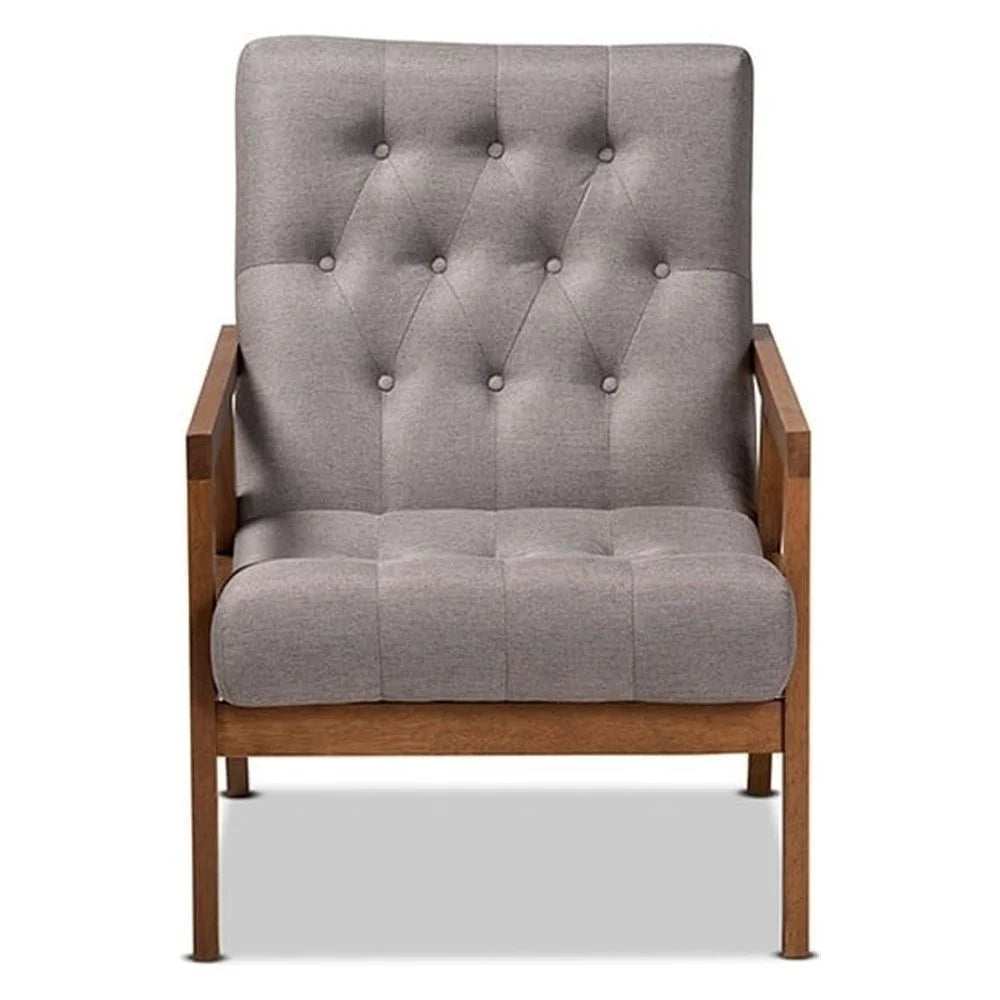 Grey Fabric Upholstered Walnut Finished Wood Armchair R645