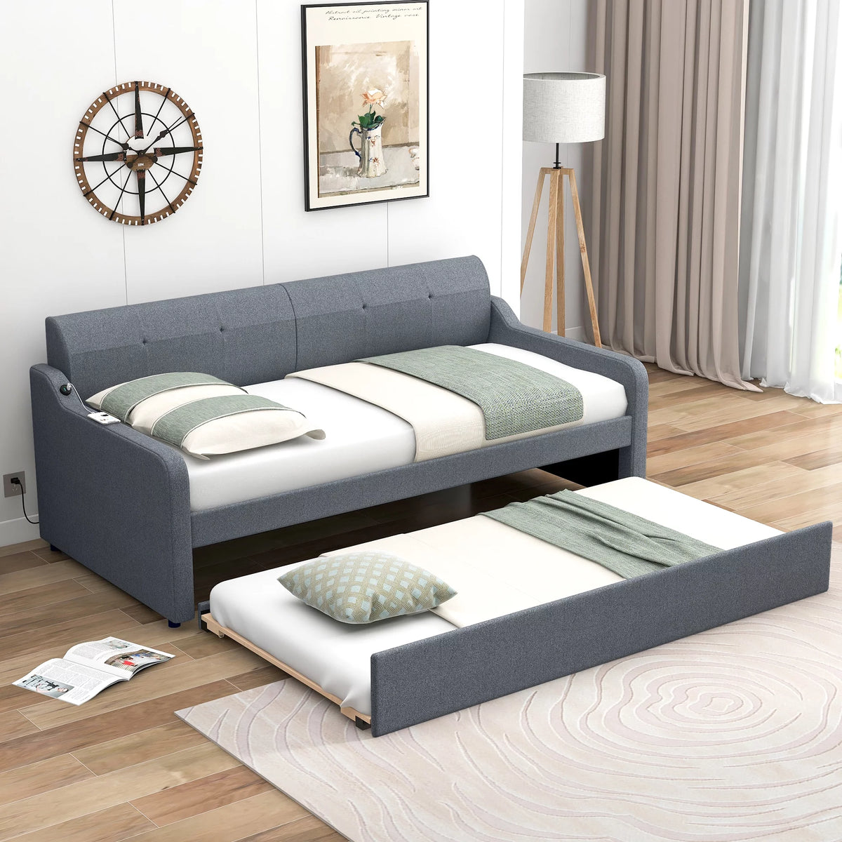 Gray Twin Size Upholstery DayBed with Trundle U323047