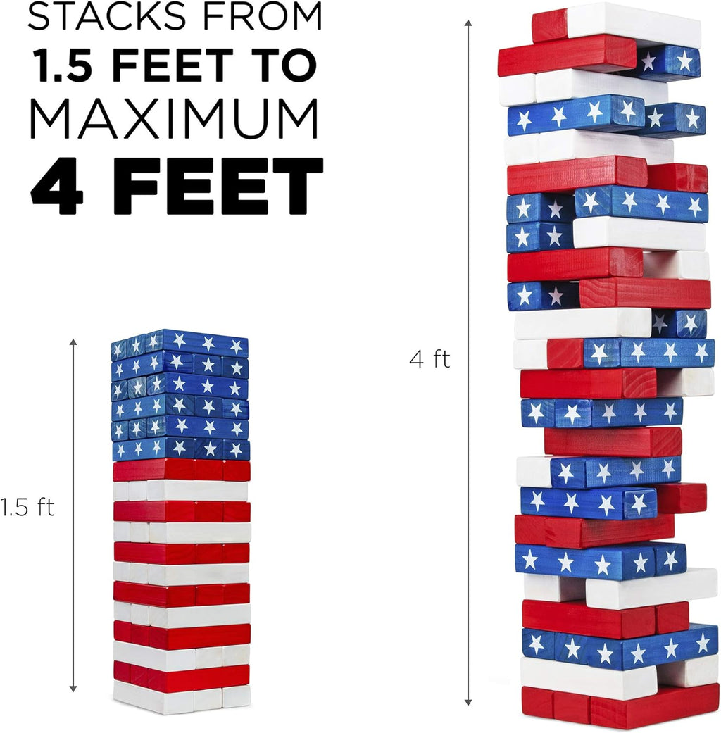 Large American Flag Tumbling Tower 54pc Wooden Toppling Blocks Stacking Yard Game with Storage Carry Bag O56348