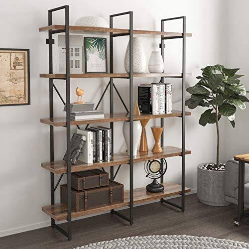 Double Wide 5-Tier Open Bookcase Wood and Metal Shelves L121
