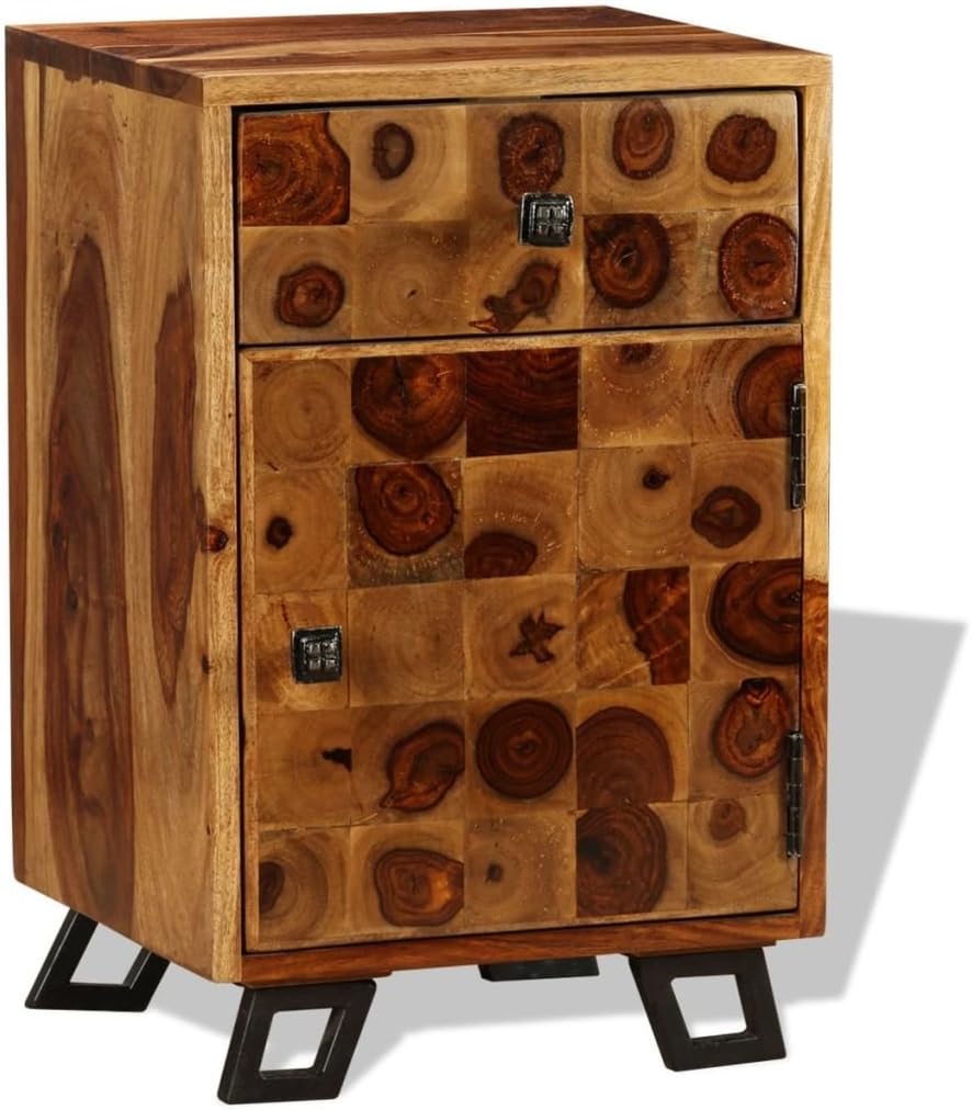Solid Sheesham Wood Nightstand with Iron Legs and Storage Drawer M436641