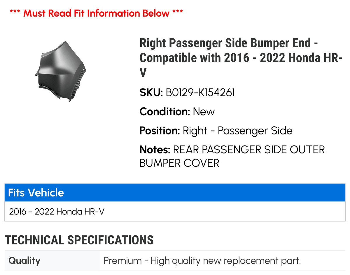 Right Passenger Side Bumper End for 2016-2022 Honda HR-V J92268