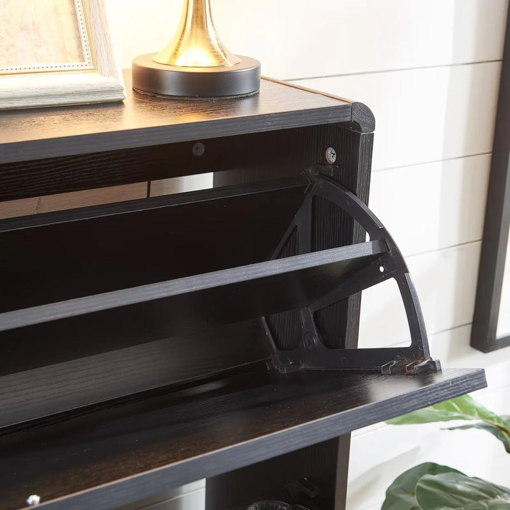 Black 3 Flip Drawer Rattan Shoe Storage Cabinet X52378