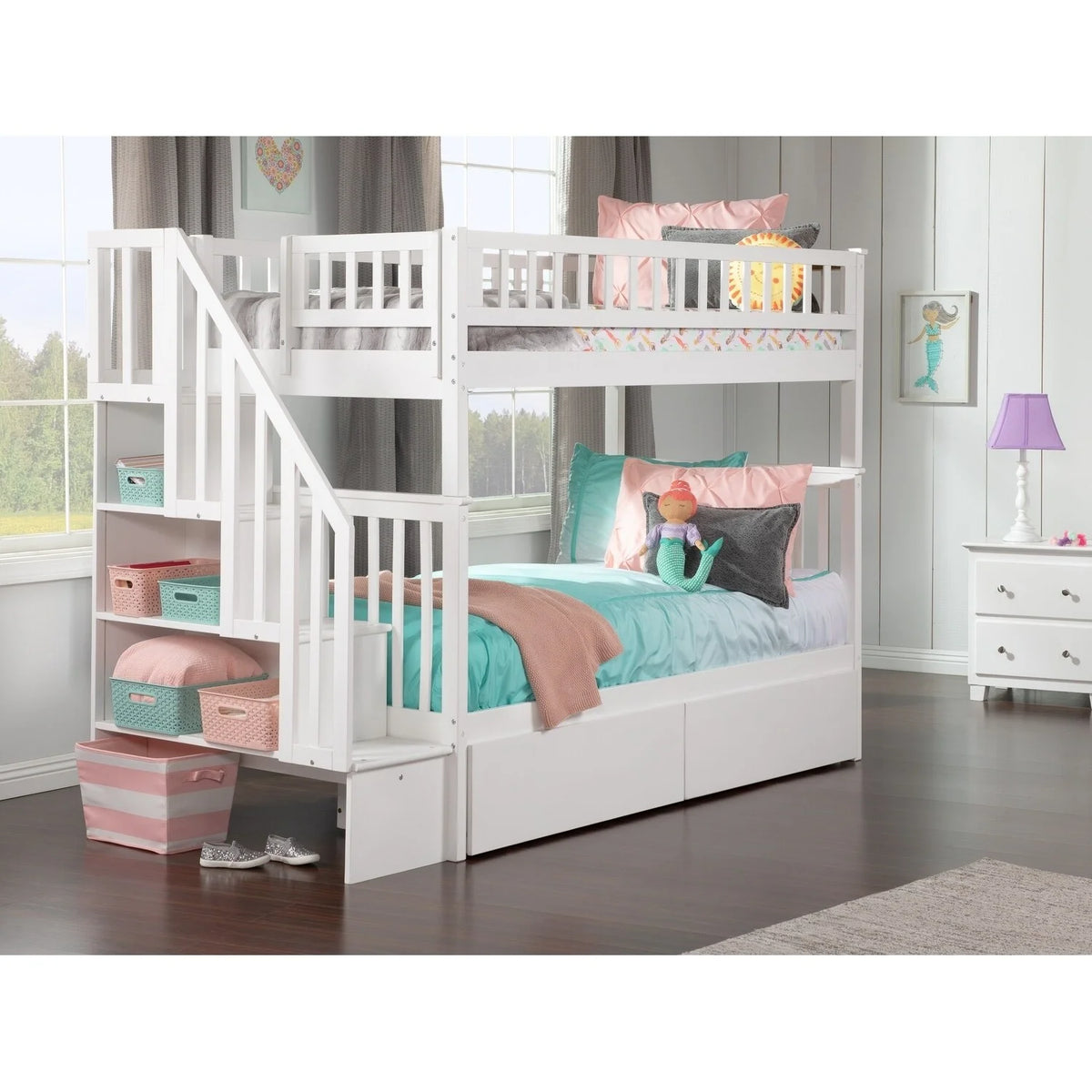 White Twin over Twin Bunk Bed with 2 Bed Drawers U812