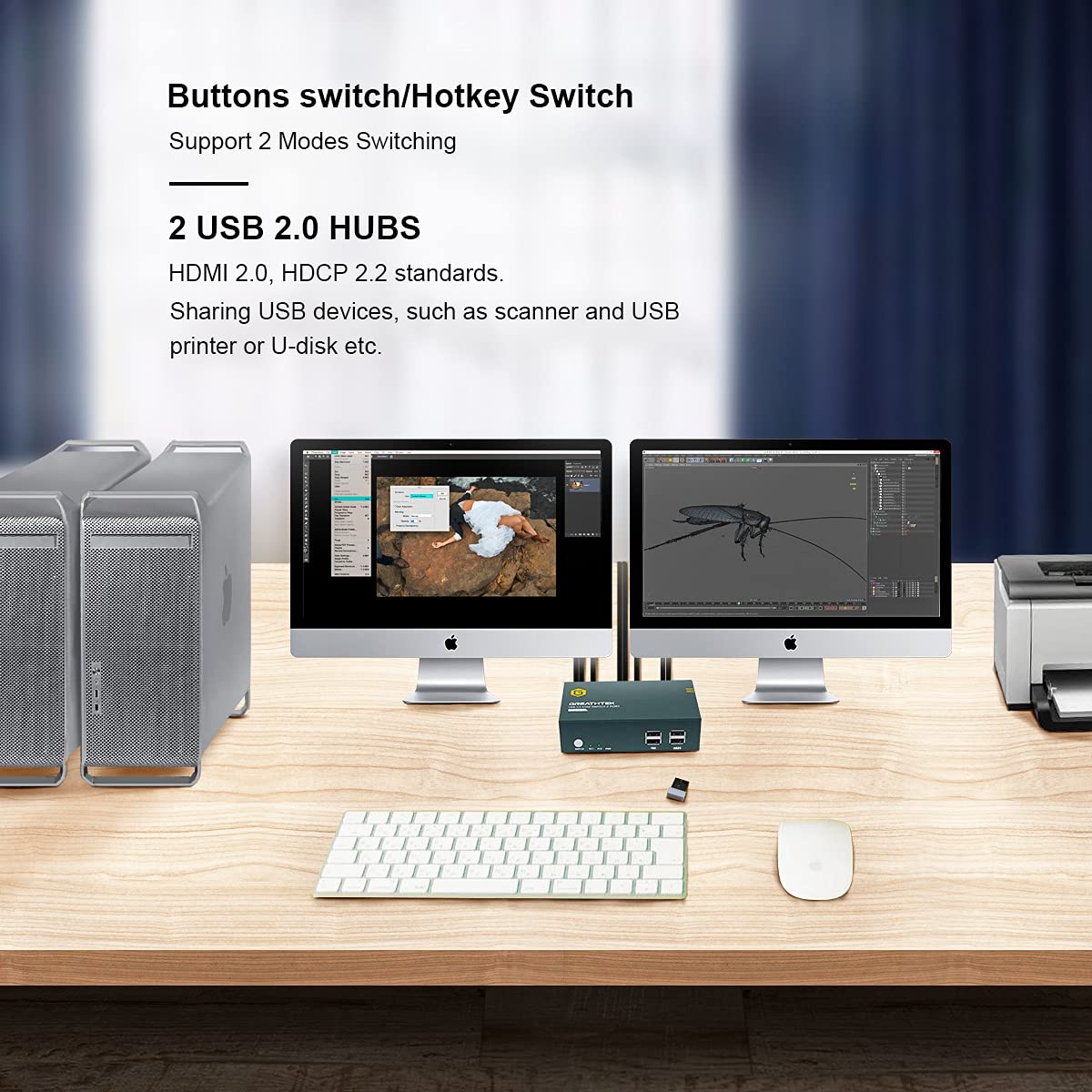 KVM Switch HDMI Dual Monitor 2 Port, UHD 4K@60Hz, with Cables R92862
