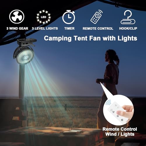Portable Fan with Remote Control, Timer, LED Lights, 12000mAh USB Rechargeable Battery, Clamp/Hanging/Stand Up J496