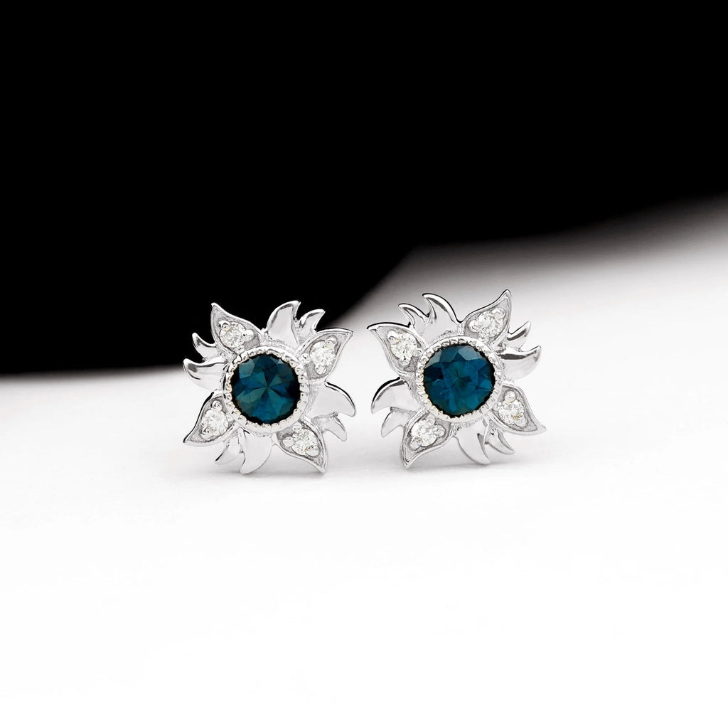 London Blue Topaz Sunburst Stud Earrings with Diamond, 925 Sterling Silver L4263