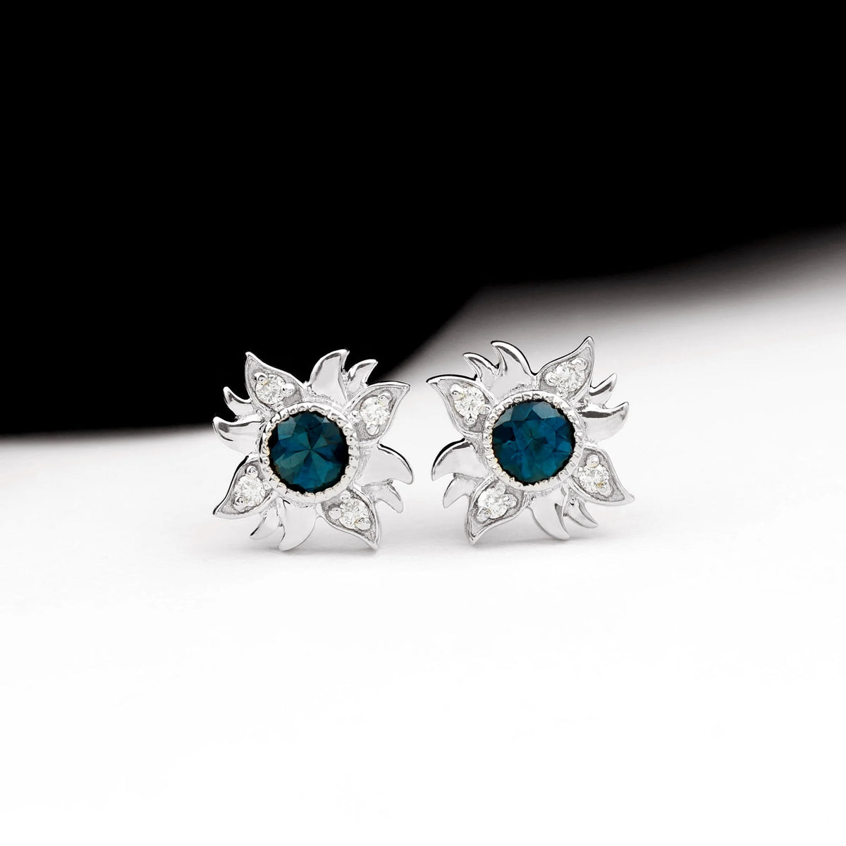 London Blue Topaz Sunburst Stud Earrings with Diamond, 925 Sterling Silver L4263