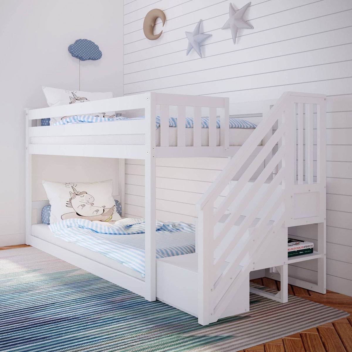 Twin Low Bunk Bed with Staircase, White E19187