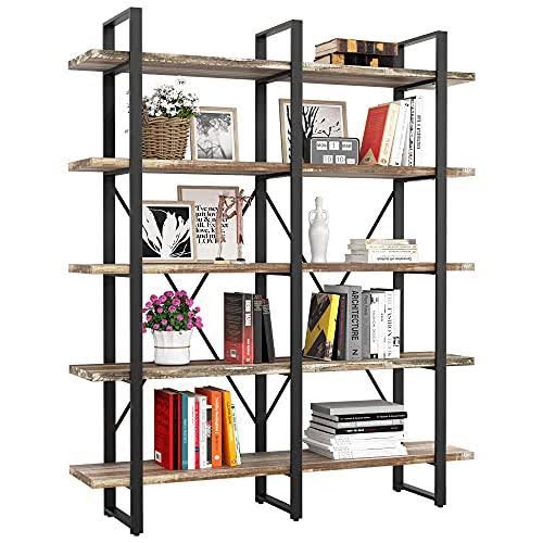 Double Wide 5-Tier Open Bookcase Wood and Metal Shelves L121
