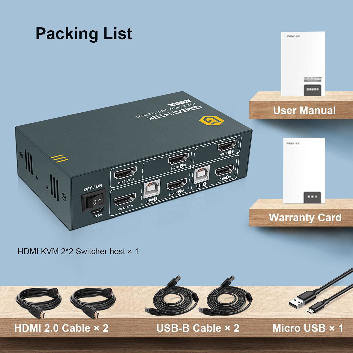 KVM Switch HDMI Dual Monitor 2 Port, UHD 4K@60Hz, with Cables R92862