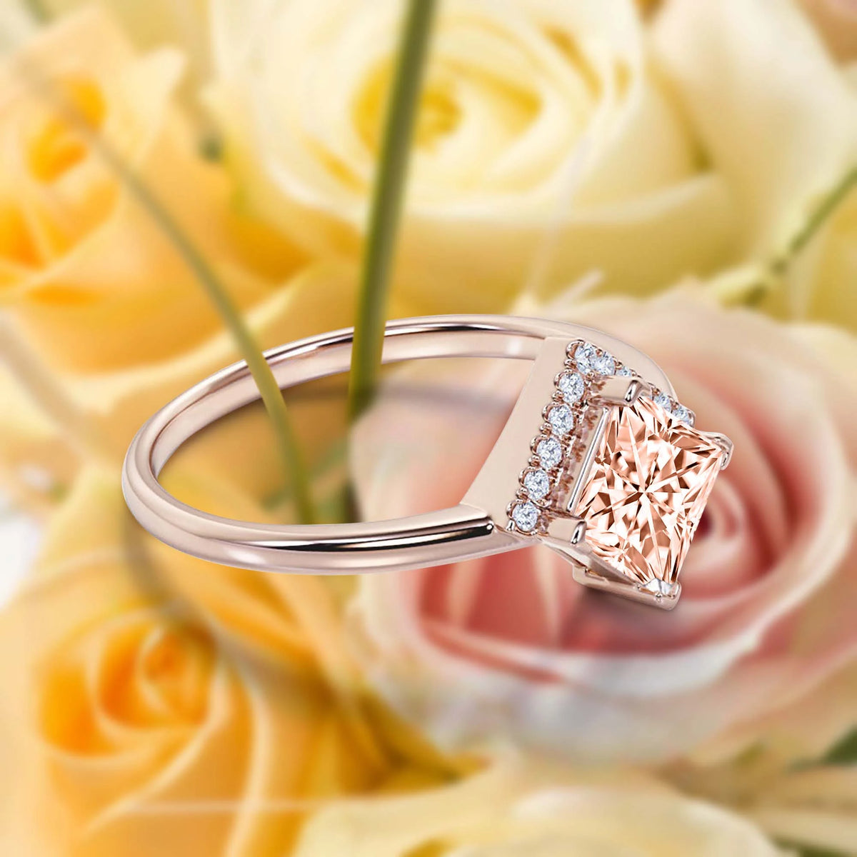 1.50 Carat Princess Cut Morganite And Diamond Moissanite Dainty Engagement Ring In 10K Solid Rose Gold M186