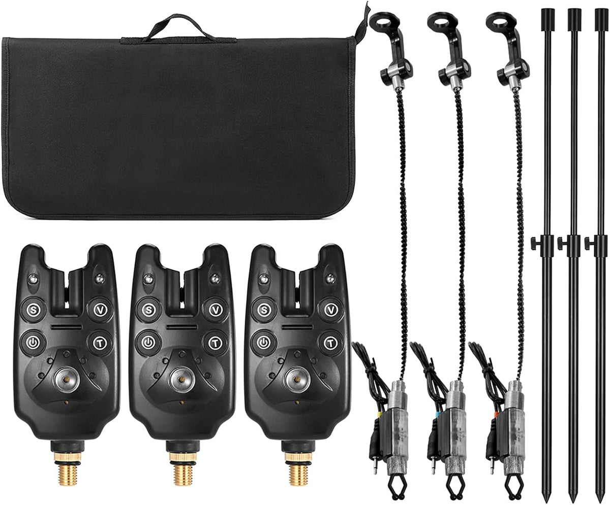 3 Wireless Fishing LED Bite Alarm Set with Aluminum Alloy Bankstick and Padded Tool Bag X15711